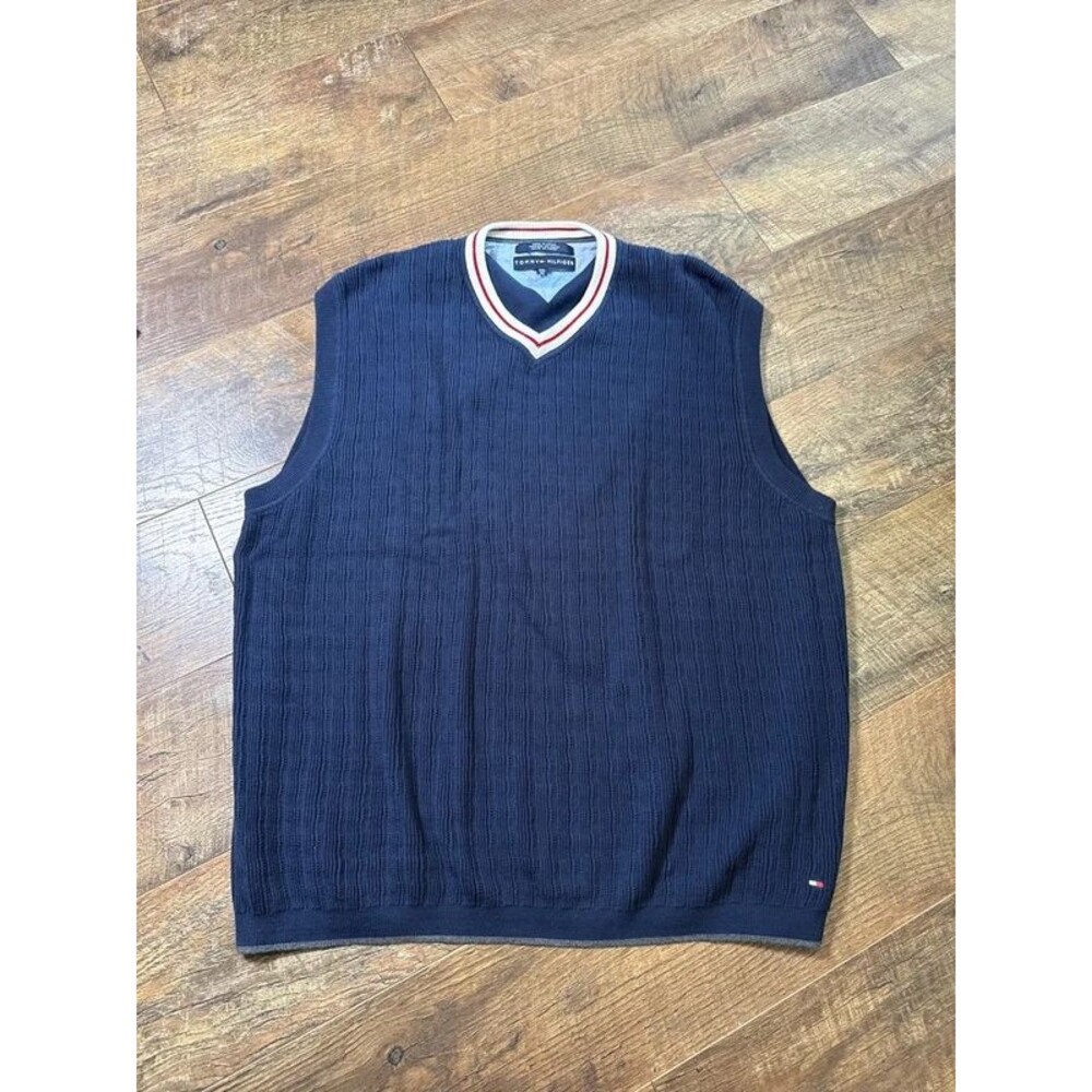 Tommy Hilfiger Men’s Navy Sweater Vest V-Neck Flag Logo Preppy Golf